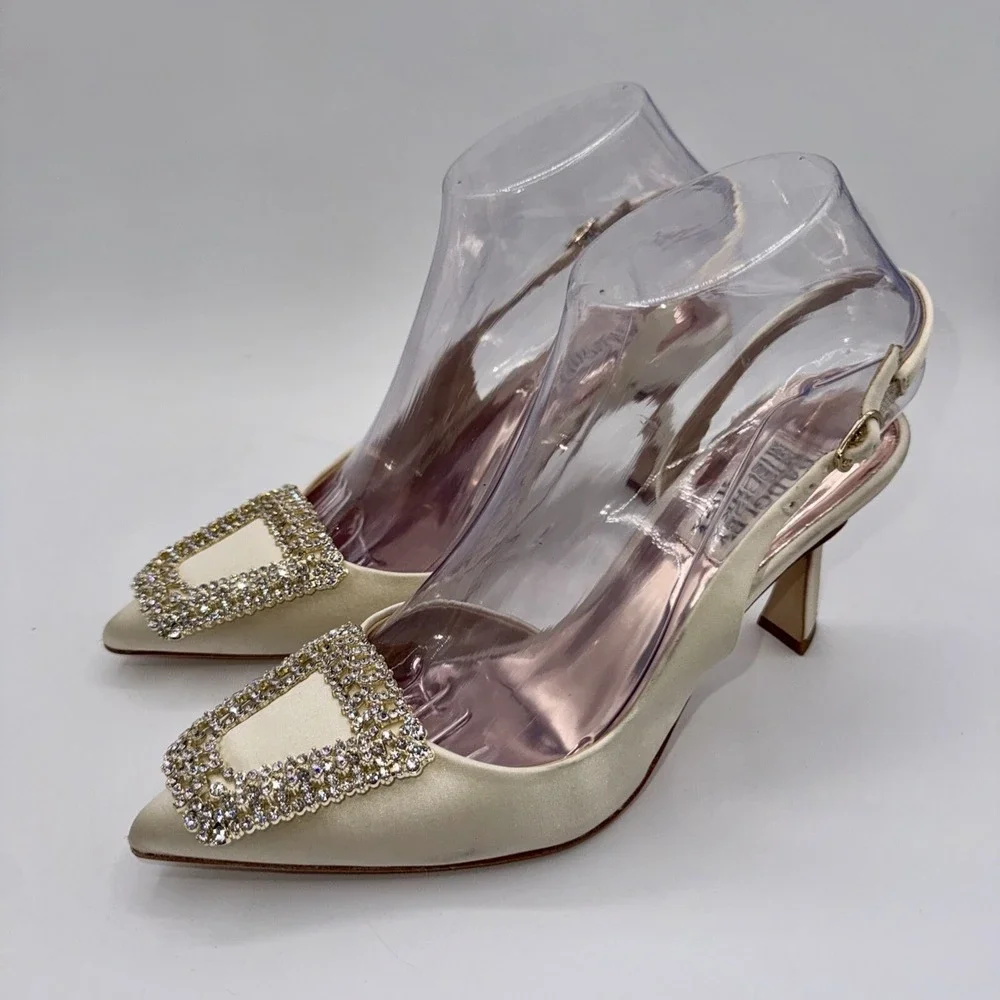 Badgley Mischka Enida Rhinestone Slingback Heels Women's Size 6‎ Champagne Satin